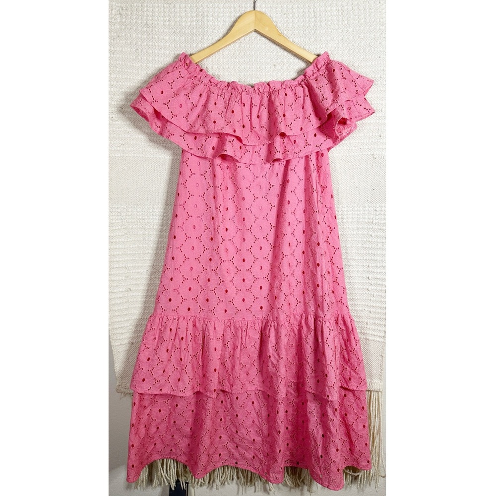 ELIZABETH WILSON pink floral lace ruffled off shoulder midi dress XS NEW